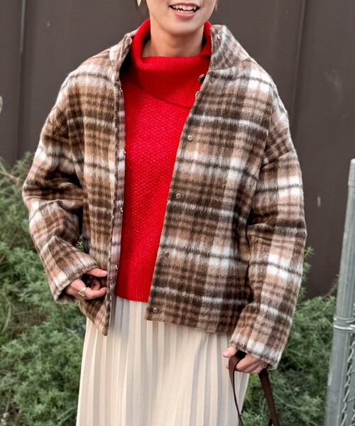 セール】シャギーチェック後コクーンショートコート（テーラード