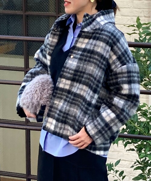 セール】シャギーチェック後コクーンショートコート（テーラード