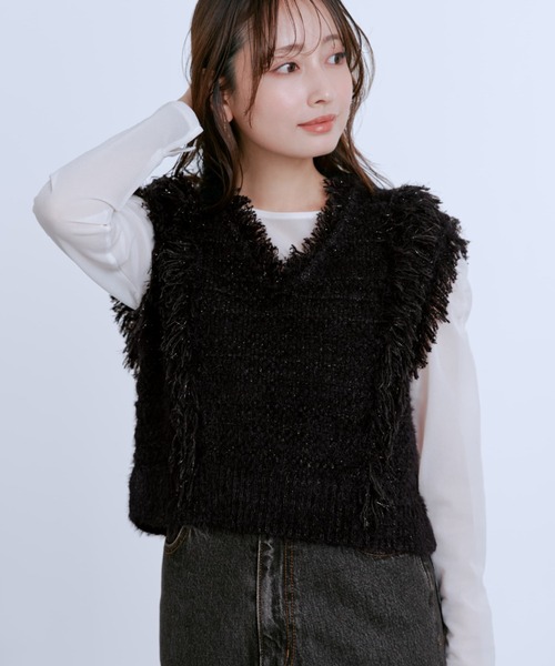ラメミックスフリンジベスト　COHINA コヒナ ラメミックスフリンジベスト 【低身長・小柄女性】（ベスト）｜COHINA