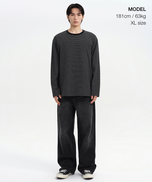 MUSINSA STANDARD（ムシンサスタンダード）の「ピンストライプリラックスド長袖Tシャツ[ブラック/ホワイト]（Tシャツ/カットソー・メンズ・その他・SMALL/X-LARGE/XX-LARGE/MEDIUM/LARGE）」の2枚目の写真
