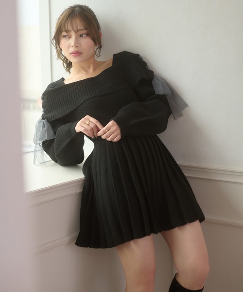 セール】saide lace up pleated knit mini dress / サイドレースアップ