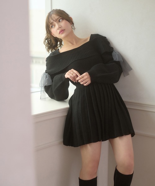 saide lace up pleated knit mini dress / サイドレースアッププリーツ