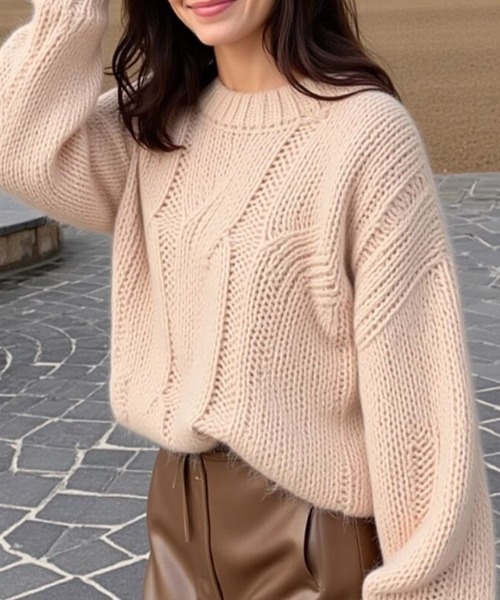 cammie(キャミー)の「ケーブル編みゆるニット(ニット/セーター・レディース・ブラウン/ベビーピンク/アイボリー・F)」の4枚目の写真
