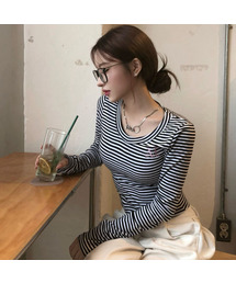 MUCENT（ムセント）の「エマVネックストライプロングスリーブTシャツ(2カラー)（Tシャツ/カットソー）」