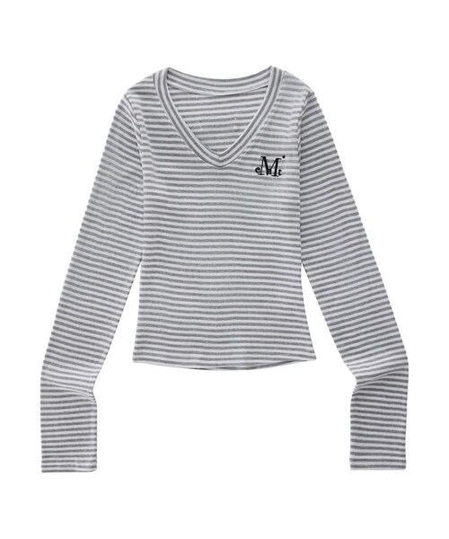 MUCENT（ムセント）の「エマVネックストライプロングスリーブTシャツ（3カラー）（Tシャツ/カットソー・レディース・チャコールグレー×ブラック/ホワイト×ブラック/グレー×ホワイト・FREE）」の3枚目の写真