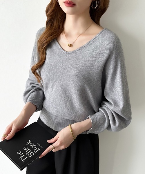 COCOMOMO(ココモモ)の「バックリボンニット Vネック ドルマン リボン ニット 長袖 トップス 春ニット 春服 秋服 冬服(ニット/セーター・レディース・ブラック/ライトグレー/ベージュ/ネイビー・FREE)」の21枚目の写真