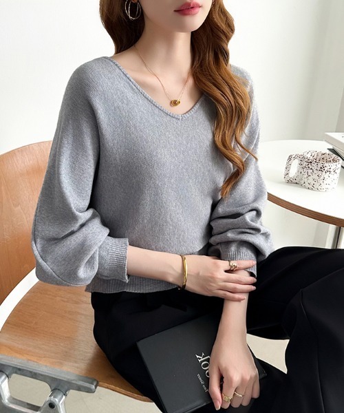 COCOMOMO(ココモモ)の「バックリボンニット Vネック ドルマン リボン ニット 長袖 トップス 春ニット 春服 秋服 冬服(ニット/セーター・レディース・ブラック/ライトグレー/ベージュ/ネイビー・FREE)」の22枚目の写真