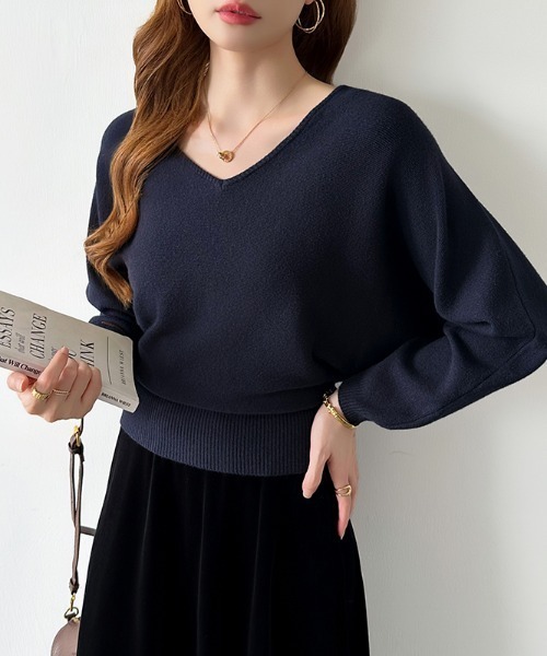 COCOMOMO(ココモモ)の「バックリボンニット Vネック ドルマン リボン ニット 長袖 トップス 春ニット 春服 秋服 冬服(ニット/セーター・レディース・ブラック/ライトグレー/ベージュ/ネイビー・FREE)」の9枚目の写真