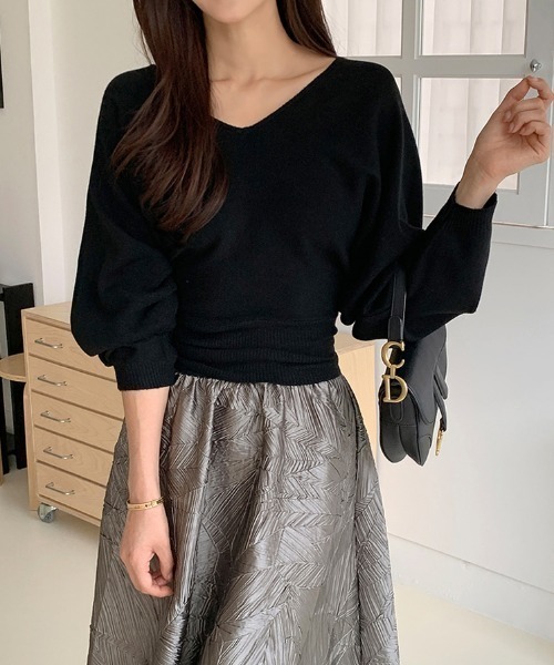 COCOMOMO(ココモモ)の「バックリボンニット Vネック ドルマン リボン ニット 長袖 トップス 春ニット 春服 秋服 冬服(ニット/セーター・レディース・ブラック/ライトグレー/ベージュ/ネイビー・FREE)」の14枚目の写真