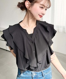 厚手シフォンキーネックラッフルフリルブラウス