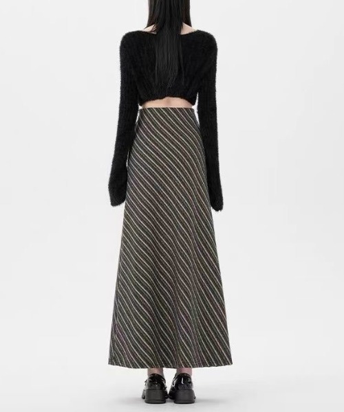 gossip!ロサンゼルス(ゴシップロサンゼルス)の「斜めストライプ ウール混紡ロングAラインスカート(スカート・レディース・ブラック/ブラウン・L/XL/M/S)」の19枚目の写真
