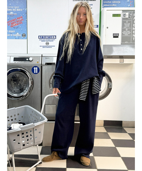 ワッフルヘンリーネックデッドTシャツ_ネイビーブルー