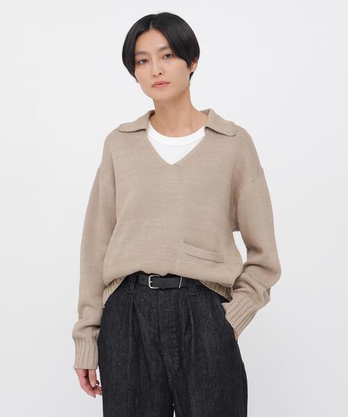 MHL.(エムエイチエル)の「CONTRAST COTTON LINEN(ニット/セーター・レディース・グリーン/ベージュ・2)」の2枚目の写真