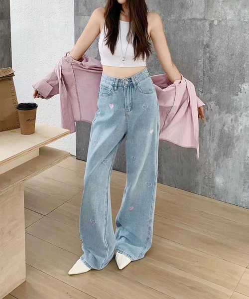 HOOK(フック)の「ハート刺繍 ワイドデニムパンツ(デニムパンツ・レディース・ライトブルー/ネイビー・M/S/L)」の18枚目の写真