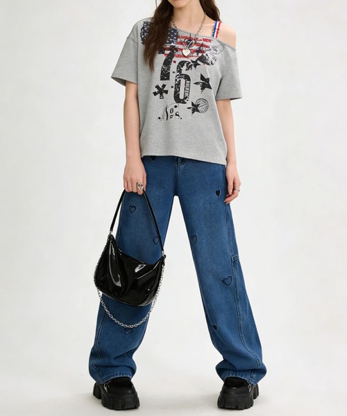 HOOK(フック)の「ハート刺繍 ワイドデニムパンツ(デニムパンツ・レディース・ライトブルー/ネイビー・M/S/L)」の9枚目の写真