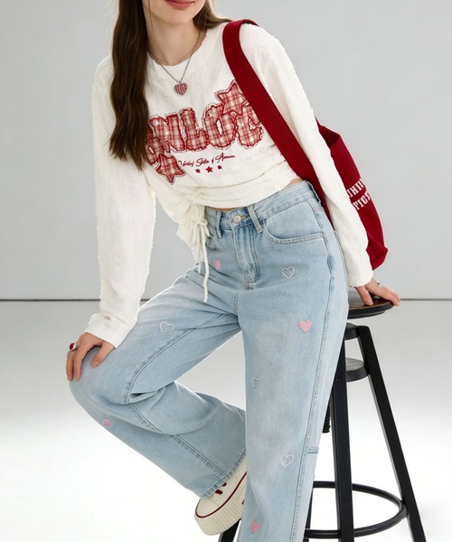 HOOK(フック)の「ハート刺繍 ワイドデニムパンツ(デニムパンツ・レディース・ライトブルー/ネイビー・M/S/L)」の7枚目の写真