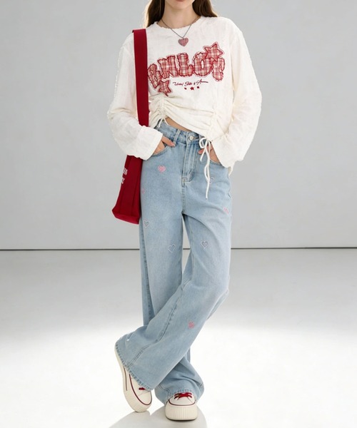 HOOK(フック)の「ハート刺繍 ワイドデニムパンツ(デニムパンツ・レディース・ライトブルー/ネイビー・M/S/L)」の3枚目の写真