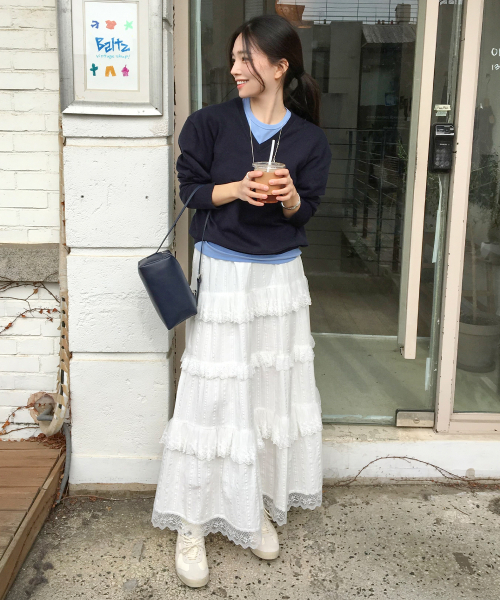 セール】Eyelet Tiered Maxi Skirt - Off White（スカート）｜LEVAR