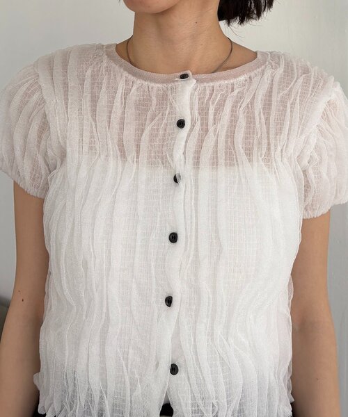 CAPRICIEUX LE'MAGE（カプリシューレマージュ）の「シャーリング半袖カーディガン（カーディガン/ボレロ・レディース・ベージュ/グレー/ホワイト・FREE）」の14枚目の写真