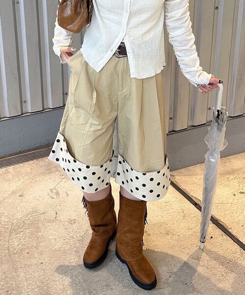 CIAOPANIC(チャオパニック)の「(ドット/チェック)2WAYロールアップハーフパンツ(その他パンツ・レディース・ピンク/ベージュ/ネイビー/ホワイト・ONE SIZE)」の1枚目の写真