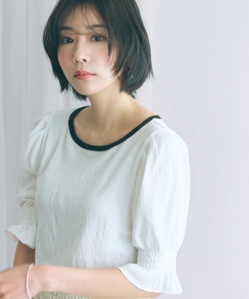 marun(マルン)の「<大きいサイズ>キャンディースリーブ風デザインカットソー marun(Tシャツ/カットソー・レディース・ミント/オフホワイト・L/LL/3L/4L/5L)」の1枚目の写真