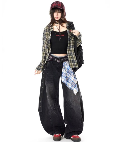 neos(ネオス)の「【neos】カーブデニムパンツ メンズ レディース バレルデニム ワイドパンツ ルーズ ジーンズ バンダナ付き 韓国ファッション ストリート(デニムパンツ・レディース・ブルー/ブラック・SMALL/LARGE/MEDIUM)」の7枚目の写真