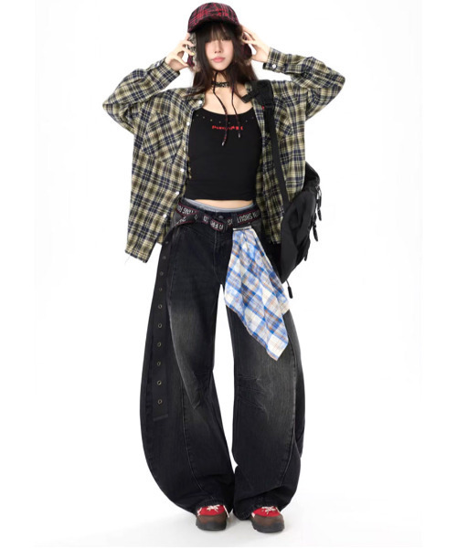 neos(ネオス)の「【neos】カーブデニムパンツ メンズ レディース バレルデニム ワイドパンツ ルーズ ジーンズ バンダナ付き 韓国ファッション ストリート(デニムパンツ・レディース・ブルー/ブラック・SMALL/LARGE/MEDIUM)」の6枚目の写真