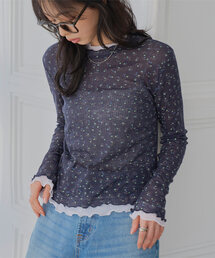 フリルドッキング花柄シアーロンT