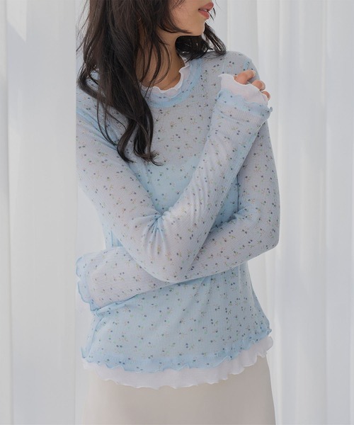 KOBE LETTUCE(コウベレタス)の「フリルドッキング花柄シアーロンT(Tシャツ/カットソー・レディース・ブルー/ホワイト/ネイビー・M)」の8枚目の写真