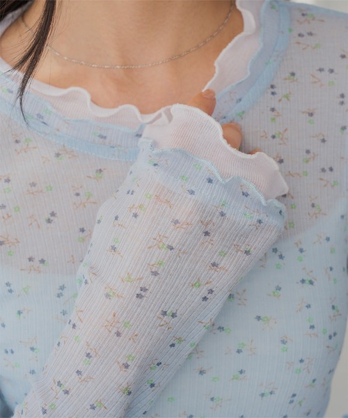 KOBE LETTUCE(コウベレタス)の「フリルドッキング花柄シアーロンT(Tシャツ/カットソー・レディース・ブルー/ホワイト/ネイビー・M)」の9枚目の写真