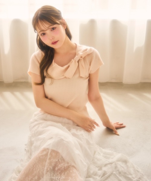 miune（ミューヌ）の「ドレープリボンニット（ニット/セーター・レディース・グレー/ピンク/ホワイト/クリーム・FREE）」の4枚目の写真