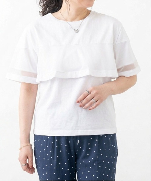 aunt lily(アントリリー)の「チュールフリル レイヤードTシャツ|二の腕カバー 上品見え きれいめ 大人フェミニン 綿100% 異素材 体型カバー(Tシャツ/カットソー・レディース・ブルー/ホワイト/ブラック・5L/3L/L)」の1枚目の写真