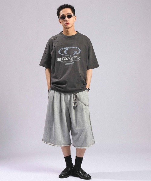 RAGEBLUE（レイジブルー）の「Double Tuck Sweat Cut Off Half Pants/2タック/スウェットカットオフハーフパンツ（スウェットパンツ・メンズ・ブラック/ライトグレー・FREE）」の3枚目の写真