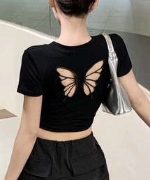 バックシャンバタフライクロップド丈Tシャツ