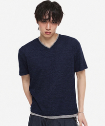 DNSR（ディーエヌエスアール）の「レイヤードVネックハーフTシャツネイビー/グレー（Tシャツ/カットソー）」
