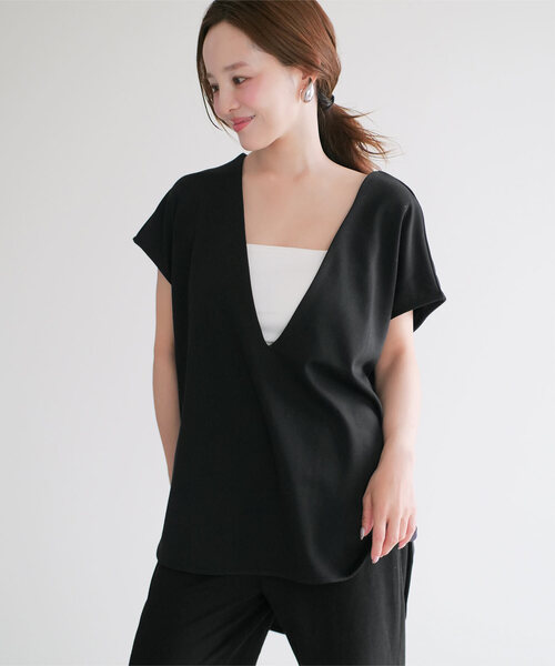 KOBE LETTUCE（コウベレタス）の「[ 田中亜希子さんコラボ ] ジャージー深Vネックフレンチトップス（Tシャツ/カットソー・レディース・ブラック/オフホワイト/グレー系/ベージュ系・M-Short/M-Long）」の3枚目の写真