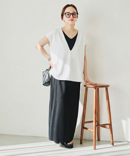 KOBE LETTUCE（コウベレタス）の「[ 田中亜希子さんコラボ ] ジャージー深Vネックフレンチトップス（Tシャツ/カットソー・レディース・ブラック/オフホワイト/グレー系/ベージュ系・M-Short/M-Long）」の11枚目の写真