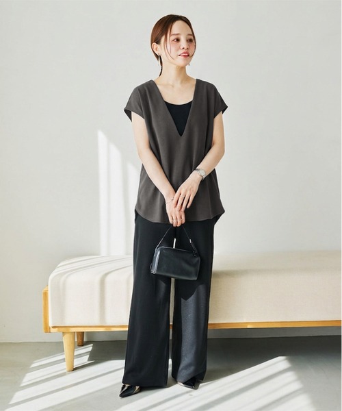 KOBE LETTUCE（コウベレタス）の「[ 田中亜希子さんコラボ ] ジャージー深Vネックフレンチトップス（Tシャツ/カットソー・レディース・ブラック/オフホワイト/グレー系/ベージュ系・M-Short/M-Long）」の13枚目の写真