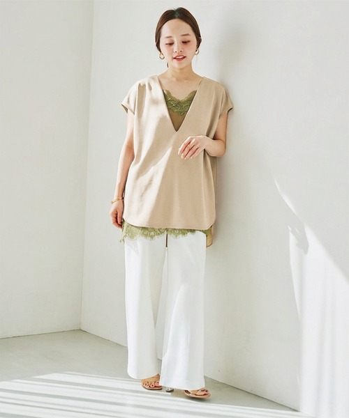 KOBE LETTUCE（コウベレタス）の「[ 田中亜希子さんコラボ ] ジャージー深Vネックフレンチトップス（Tシャツ/カットソー・レディース・ブラック/オフホワイト/グレー系/ベージュ系・M-Short/M-Long）」の15枚目の写真