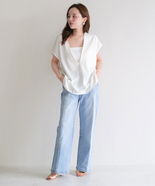 KOBE LETTUCE（コウベレタス）の「[ 田中亜希子さんコラボ ] ジャージー深Vネックフレンチトップス（Tシャツ/カットソー・レディース・ブラック/オフホワイト/グレー系/ベージュ系・M-Short/M-Long）」の17枚目の写真