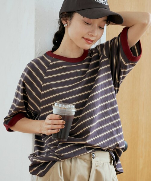 coen(コーエン)の「【接触冷感】マルチボーダー ラグランリンガーTシャツ(Tシャツ/カットソー・レディース・ネイビー/グレー/オフホワイト・L/M)」の3枚目の写真