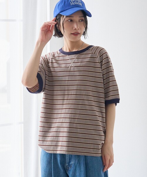 coen(コーエン)の「【接触冷感】マルチボーダー ラグランリンガーTシャツ(Tシャツ/カットソー・レディース・ネイビー/グレー/オフホワイト・L/M)」の2枚目の写真