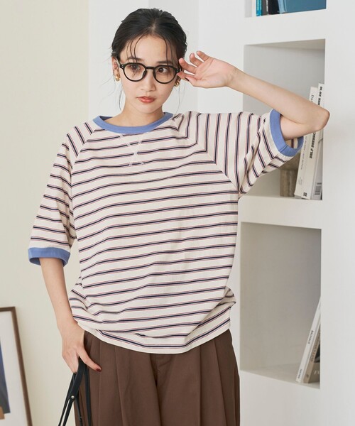coen(コーエン)の「【接触冷感】マルチボーダー ラグランリンガーTシャツ(Tシャツ/カットソー・レディース・ネイビー/グレー/オフホワイト・L/M)」の6枚目の写真