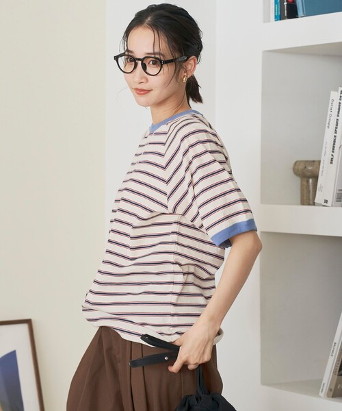 coen(コーエン)の「【接触冷感】マルチボーダー ラグランリンガーTシャツ(Tシャツ/カットソー・レディース・ネイビー/グレー/オフホワイト・L/M)」の8枚目の写真