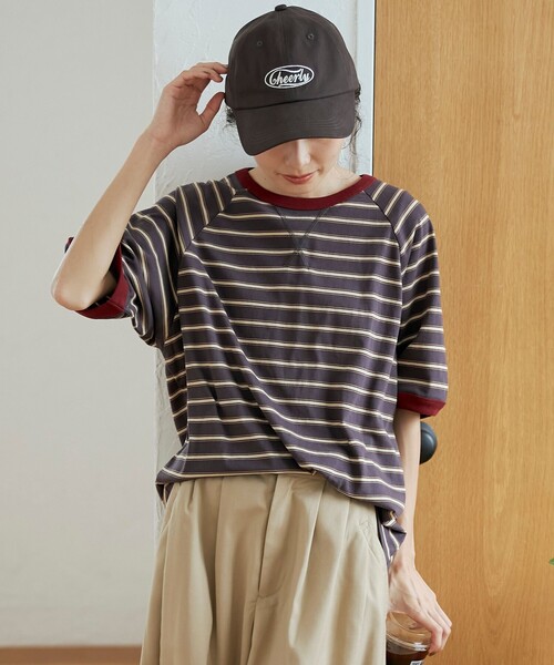 coen(コーエン)の「【接触冷感】マルチボーダー ラグランリンガーTシャツ(Tシャツ/カットソー・レディース・ネイビー/グレー/オフホワイト・L/M)」の16枚目の写真
