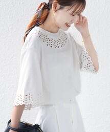 フラワー モチーフ カットワーク レース ショート スリーブ TEE