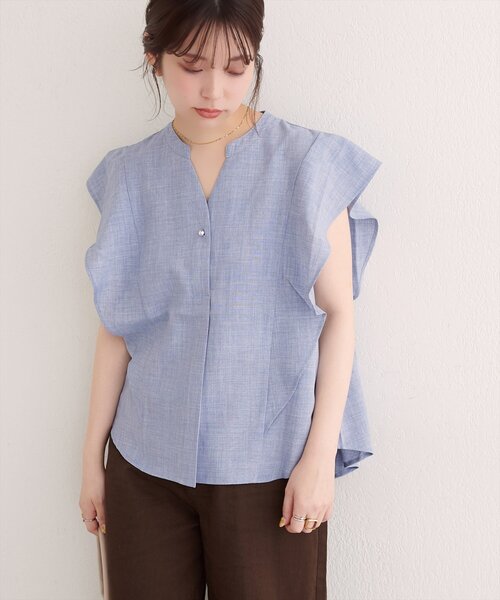 natural couture(ナチュラルクチュール)の「【sherbet line】UV接触冷感袖ラッフルスキッパーブラウス(シャツ/ブラウス・レディース・ブルー/ベージュ/ブラック/ネイビー・FREE)」の18枚目の写真