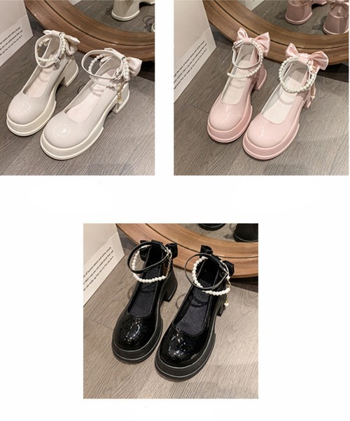 I.O.E（アイオイ）の「[韓国トレンド] パールチェーンリボン厚底メリージェーンパンプス（パンプス・レディース・ホワイト/ブラック/ピンク・LARGE/X-SMALL/X-LARGE/SMALL/XX-LARGE/MEDIUM）」の4枚目の写真