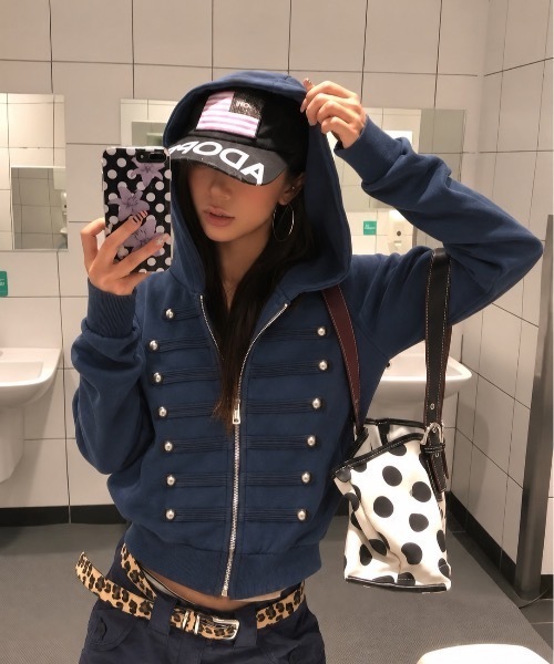 Lis ardent(リスアルダン)の「2026AW ナポレオンデザインフード付きジップパーカー/裏起毛メタルボタンジップジャケット(パーカー・レディース・ピンク/ブラック/ブルー/ネイビー・M)」の15枚目の写真