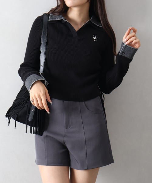 SpRay(スプレイ)の「リブ×デニム衿レイヤードトップス(ニット/セーター・レディース・グレー/ネイビー/チャコールグレー/ブラック・FREE)」の2枚目の写真
